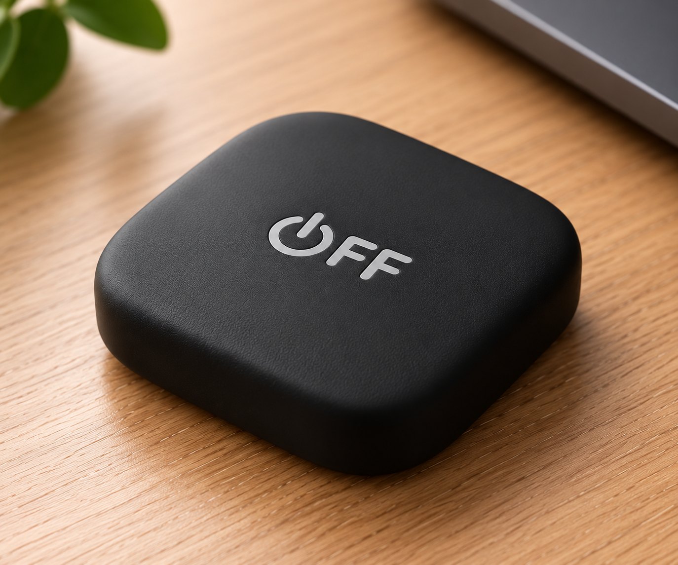 The OFF device on a wooden desk