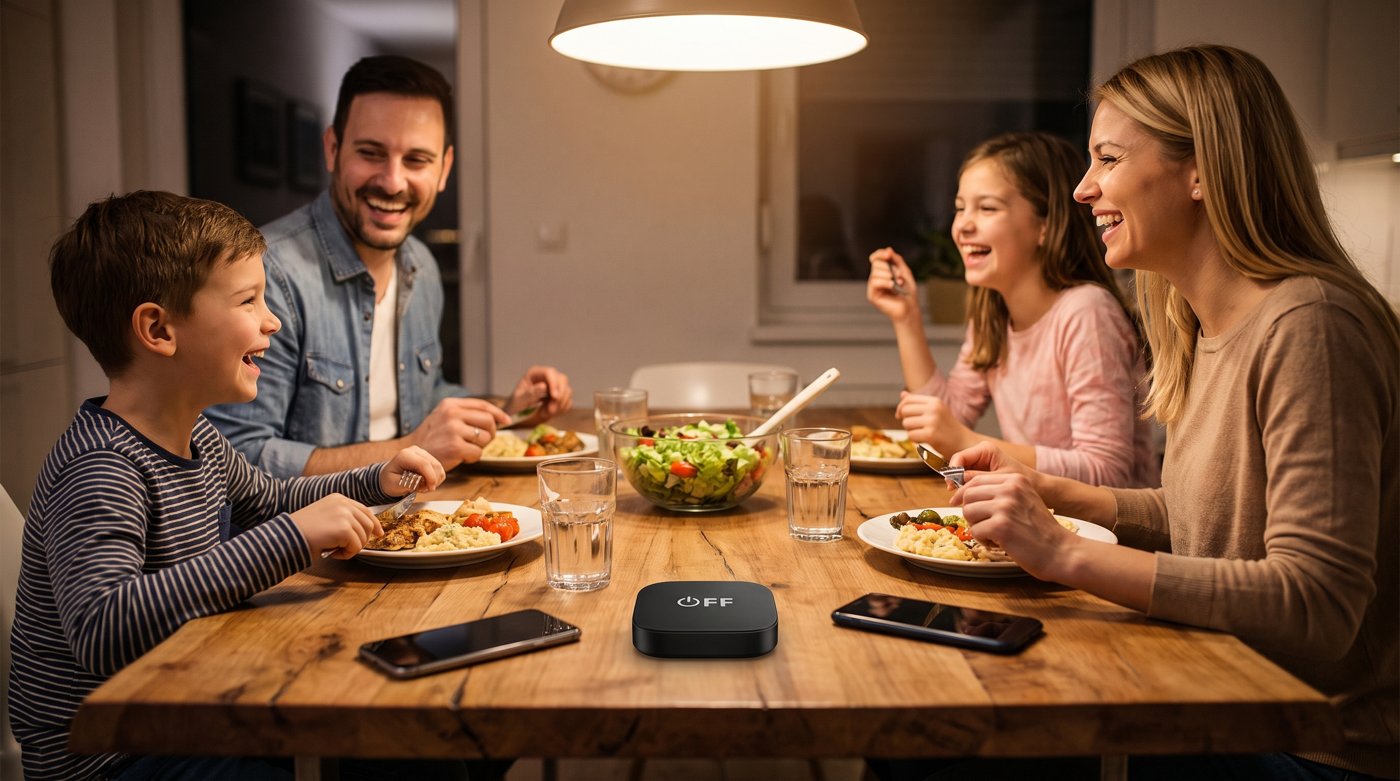 A family having dinner together, phones face-down, the OFF device on the table