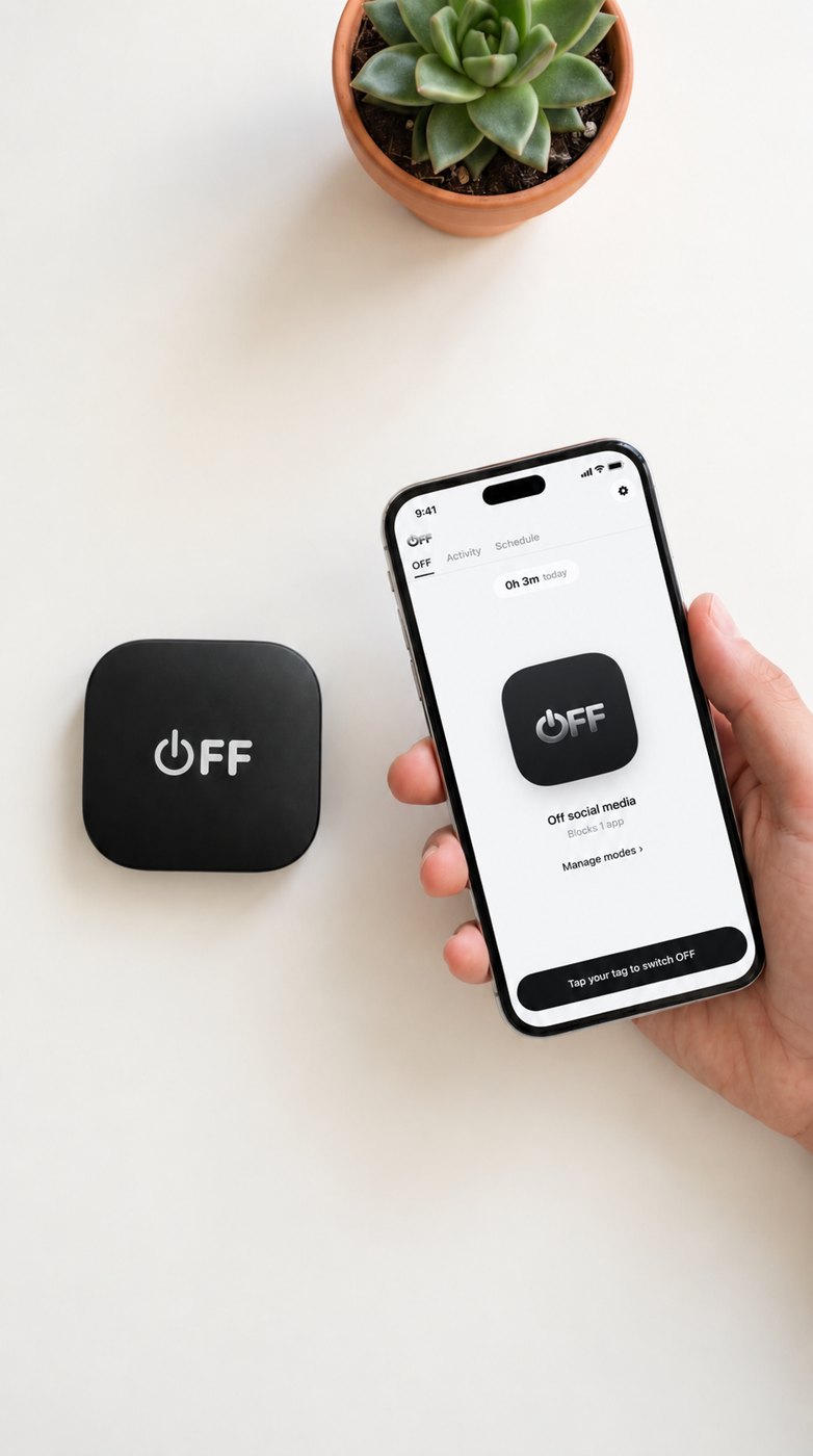 The OFF device beside a phone running the OFF app