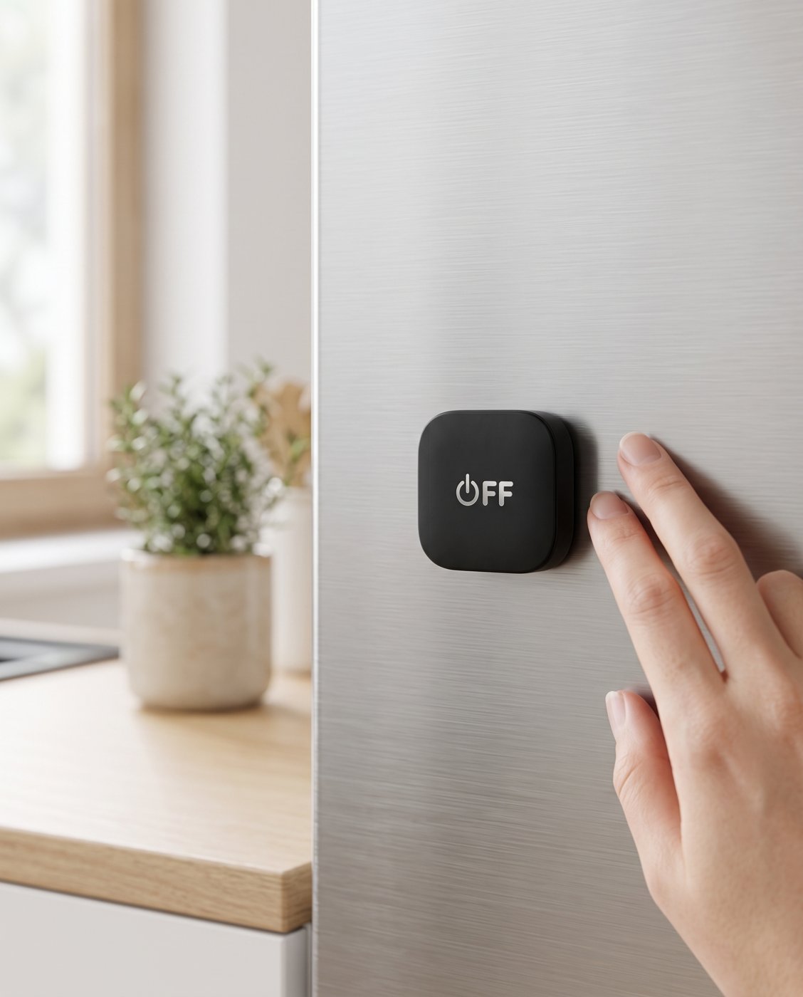The OFF device stuck to a fridge with its magnetic back
